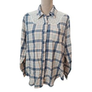 Cupids Diary Womens 2X Plaid Button Down Shirt Lace Yoke Long Sleeve Cotton